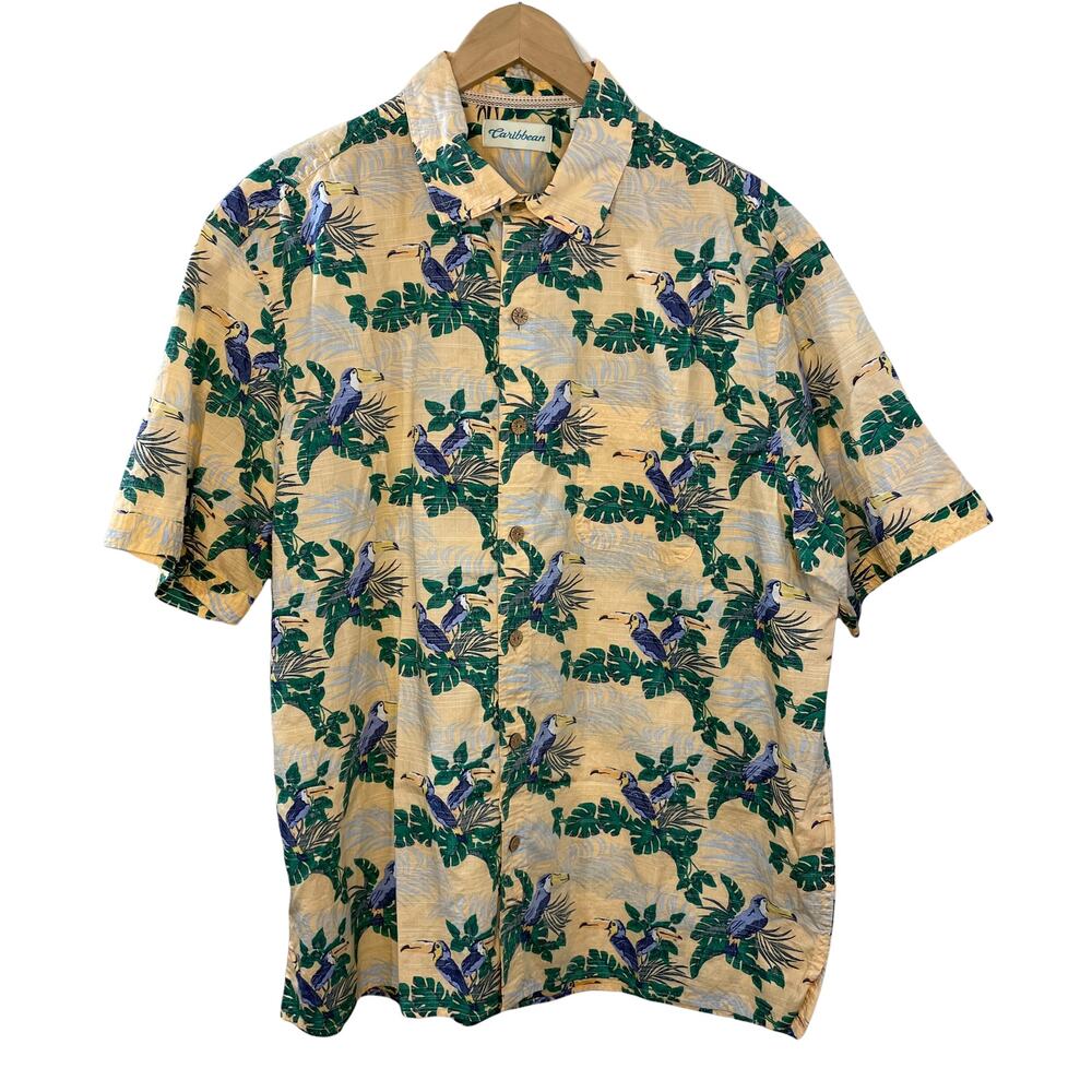 Caribbean Size L‎ Palm Print Shirt Tropical Hawaiian Floral Toucan Button Up